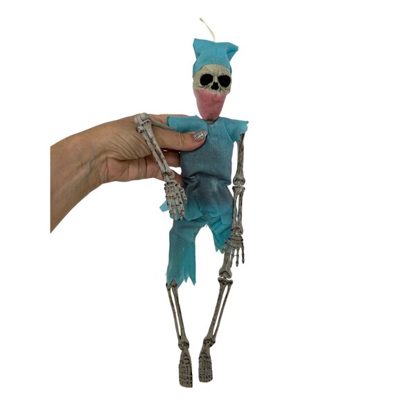 Skeleton Doctor Halloween Decoration Ornament 16” Blue Scrubs Mask Posable - Picture 2 of 9